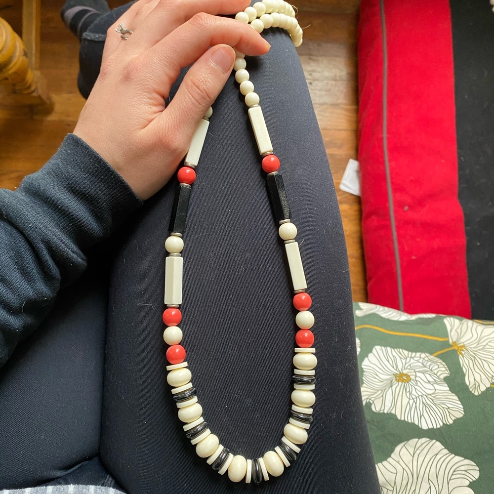 Vintage beaded mod necklace red black white 28”